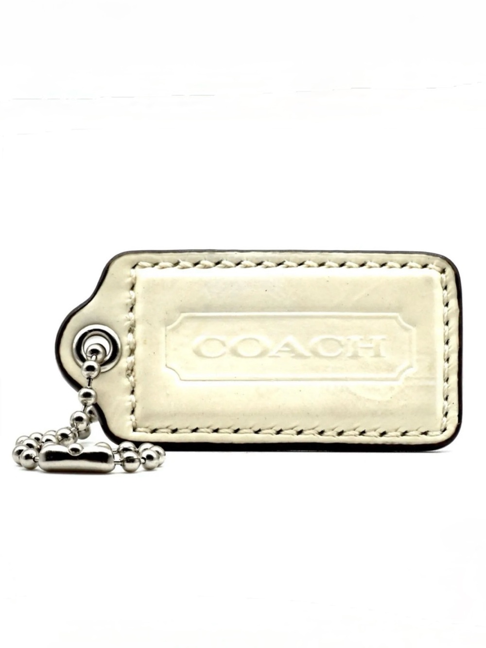 COACH, Off-White Patent Leather Hangtag with Nickel Chain